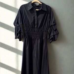 Gracia Navy Puff-Sleeve Smocked Shirtdress – Chic Midi